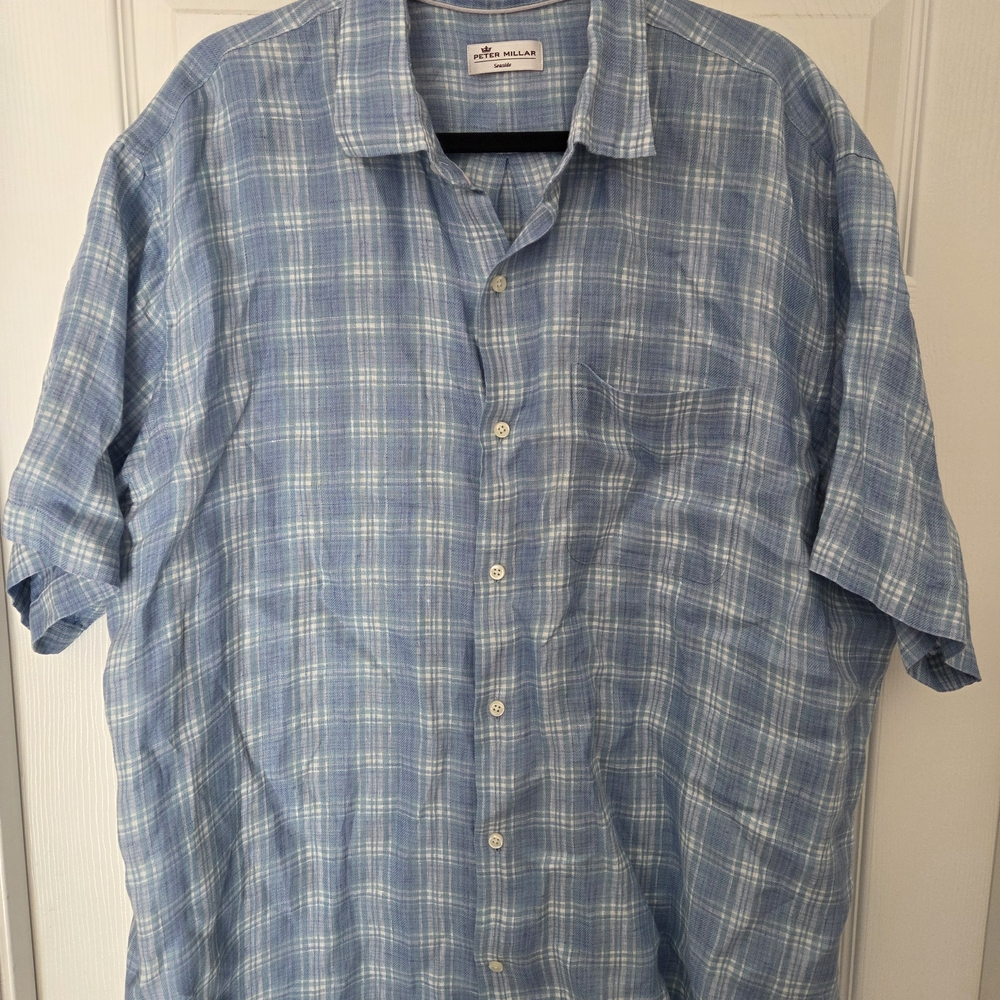 Peter Millar 100% Linen Blue Plaid Shirt XL